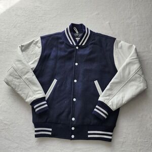 Varsity Jacket Mens Large Navy White Wool Leather Sleeve Bomber Collegiate Uni
